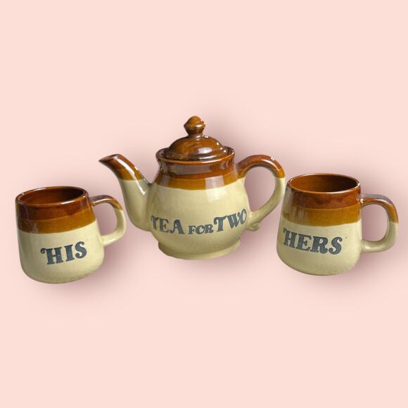 Vintage Tea for Two Teapot His & Hers Mug Earthenware Anniversary Couple Gift - Picture 1 of 3